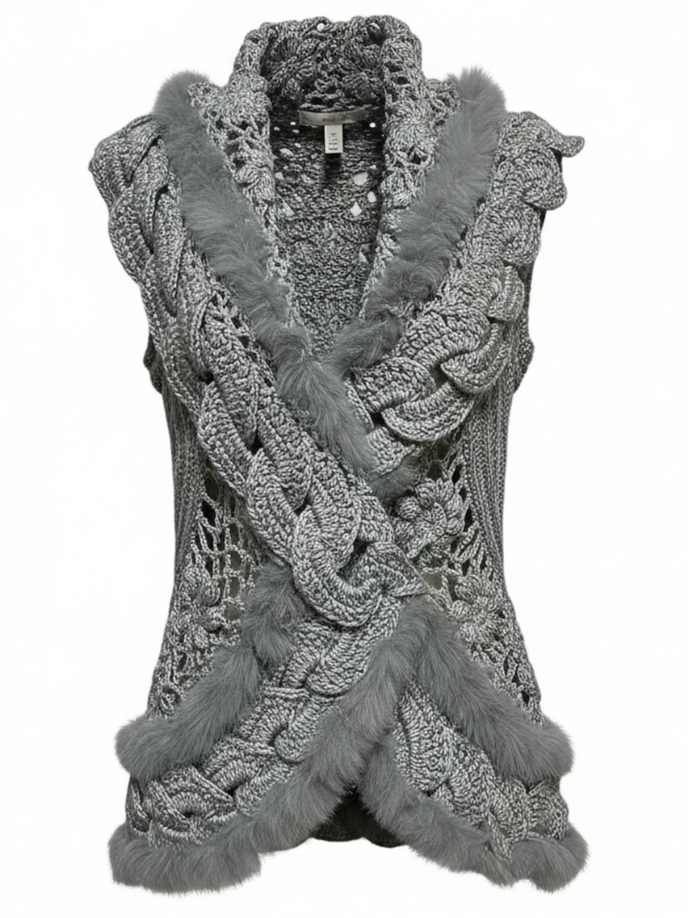 Slonl Gray Crochet Cabled Sweater Vest Rabbit Fur Size Large XLarge